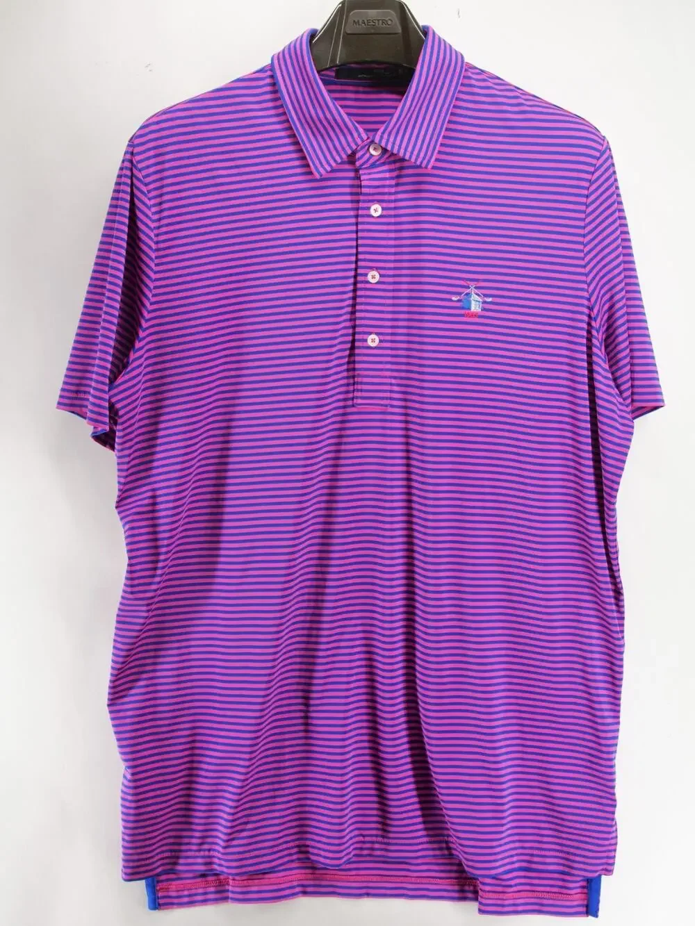 RLX Ralph Lauren Men's XL Pink Blue Striped Performance Golf Polo Shirt Windmill